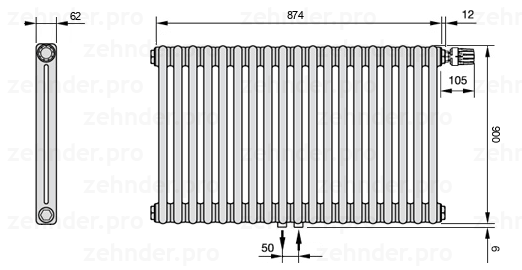 Схема (чертеж) Радиатор Zehnder Charleston 2090/19 №V008 Белый глянцевый RAL 9016